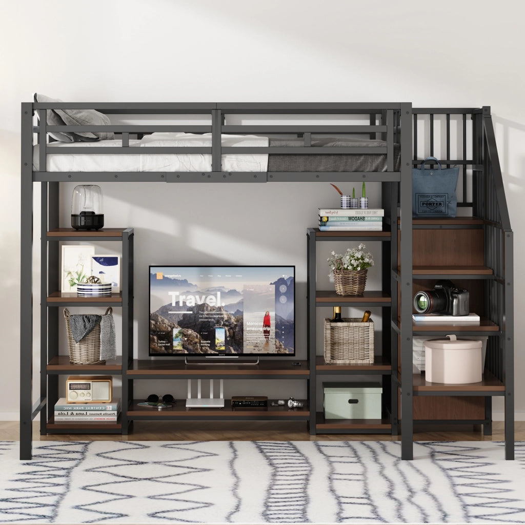 Letto a soppalco 90x200 cm nero con supporto TV e presa
