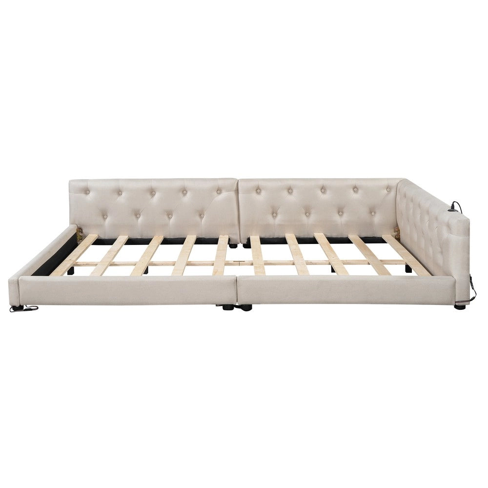 Letto Divano con Rete a Doghe e LED ¨C MINIMAL ¨C Tessuto Beige 140x200