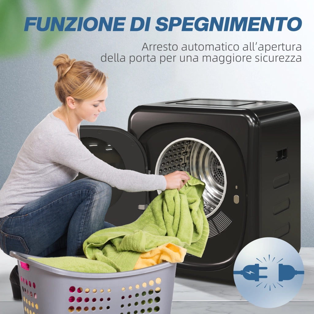 Asciugatrice ad Aria 48x40x56 cm Carico 4kg con Timer e Programma Smart in Acciaio Inox e ABS Nero