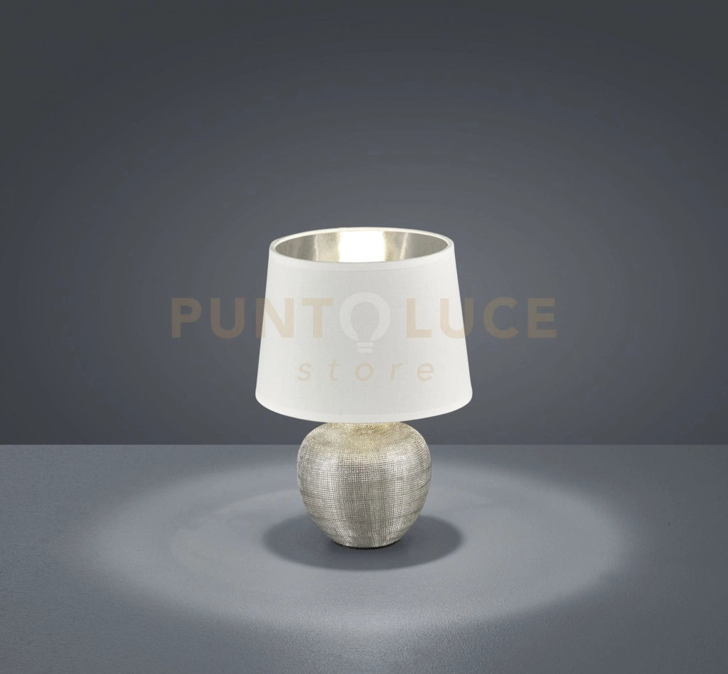 LUXOR LAMPADA TAVOLO BASE CERAMICA ARGENTO E PARALUME BIANCO INTERNO ARGENTO H. 26CM D. 18CMbATTACCO E14