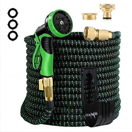 Serpentina per giardino con flessibilità 10 impostazioni di getto - Adattatore di getto in ottone - Supporto di fissaggio - Serpentina retrattile - Core di gomma a 4 strati - 75 m verde