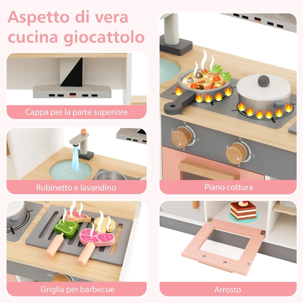 Cucina Giocattolo per Bambini, Set da Cucina in Legno con Cappa Aspirante e Frigorifero Realistici, con Utensili da Cucina in Legno, per Bambini 3+ Anni