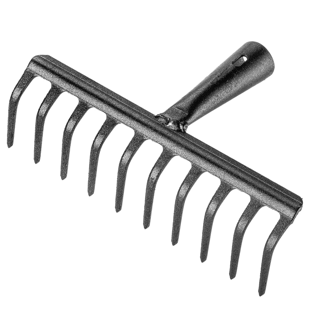 Rastrello per foglie in acciaio KADAX a 10 denti, senza manico, per terra ed erba.