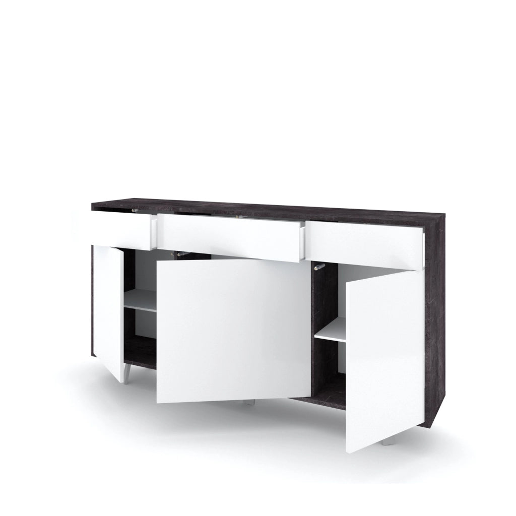 Credenza 3 ante/3 cassetti VELBRUK nero pietra/bianco lucido