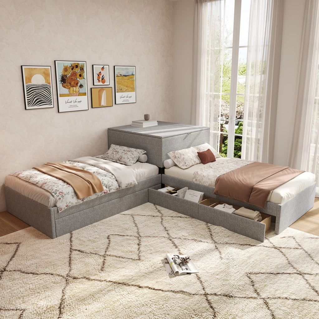 Letto angolare 90x200 cm con letto estraibile; armadietto e 2 cassetti; in lino grigio