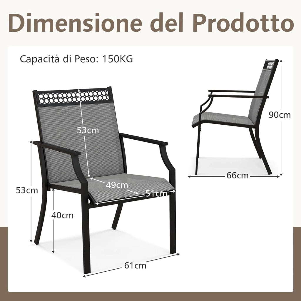 Set di 2 Sedie da Giardino in Textilene, Sedie da Esterno con Schienale Alto, Braccioli, Robusto Telaio in Metallo, Fino a 150 kg, per Patio Terrazza Balcone (Grigio+Nero)