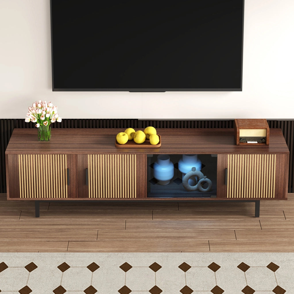 Mobile TV con 2 Ante in Vetro Temperato e LED Bluetooth; Stile Moderno; in MDF; 200??35??53 cm; Nero Noce
