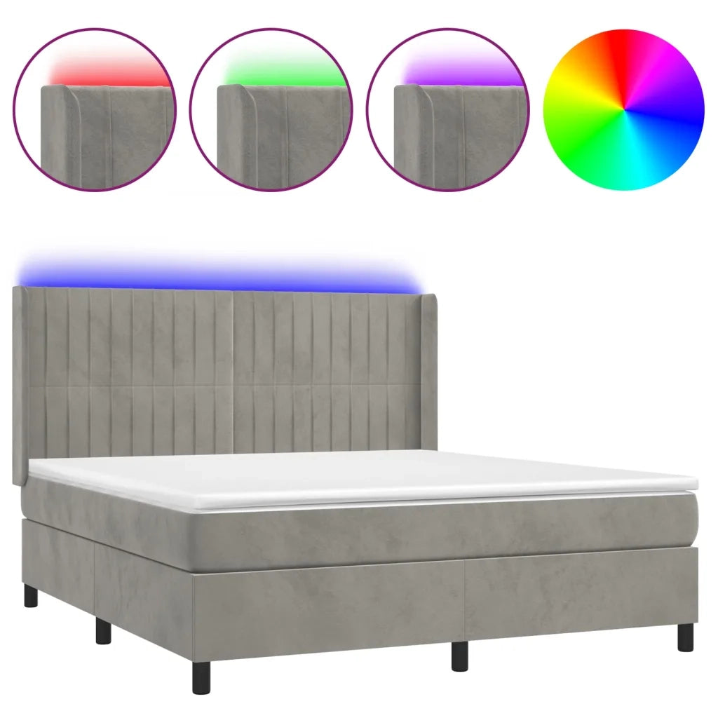 Letto a Molle Materasso e LED Grigio Chiaro 160x200 cm Velluto 3139691