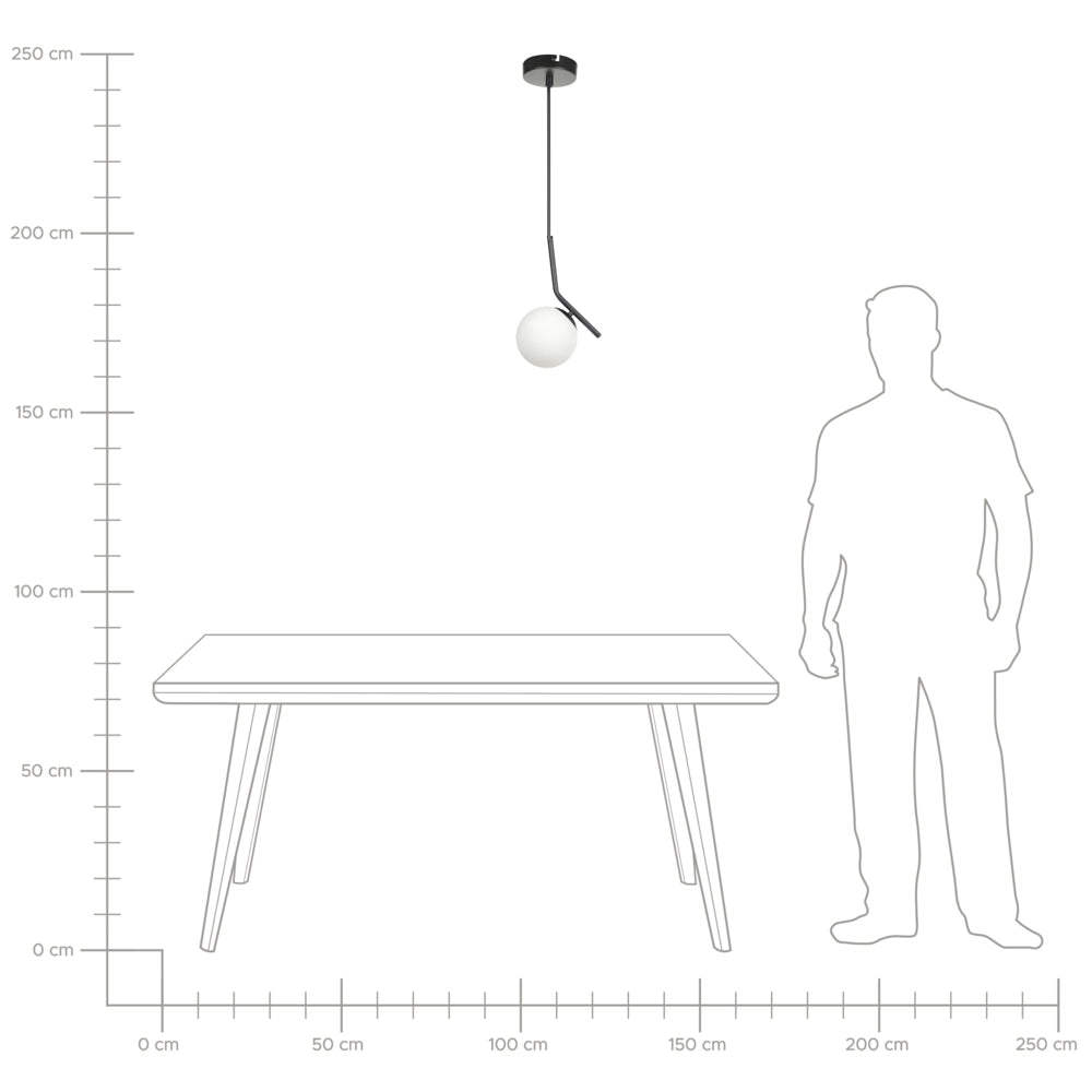 Lampada a sospensione con paralume in vetro bianco e nero, struttura in asta di ferro, singola luce, design moderno, accessorio per la casa adatto al soggiorno.