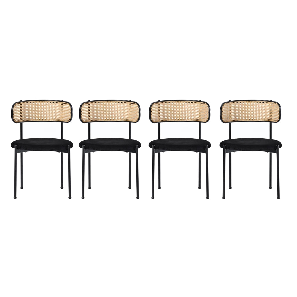 Set di 4 sedie da pranzo in velluto nero con schienale in rattan e gambe in metallo