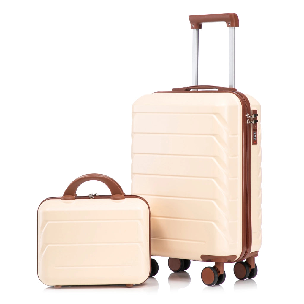Set di 2 valigie girevoli in ABS da 14"/19" con lucchetto a combinazione e trousse da 14" (beige)