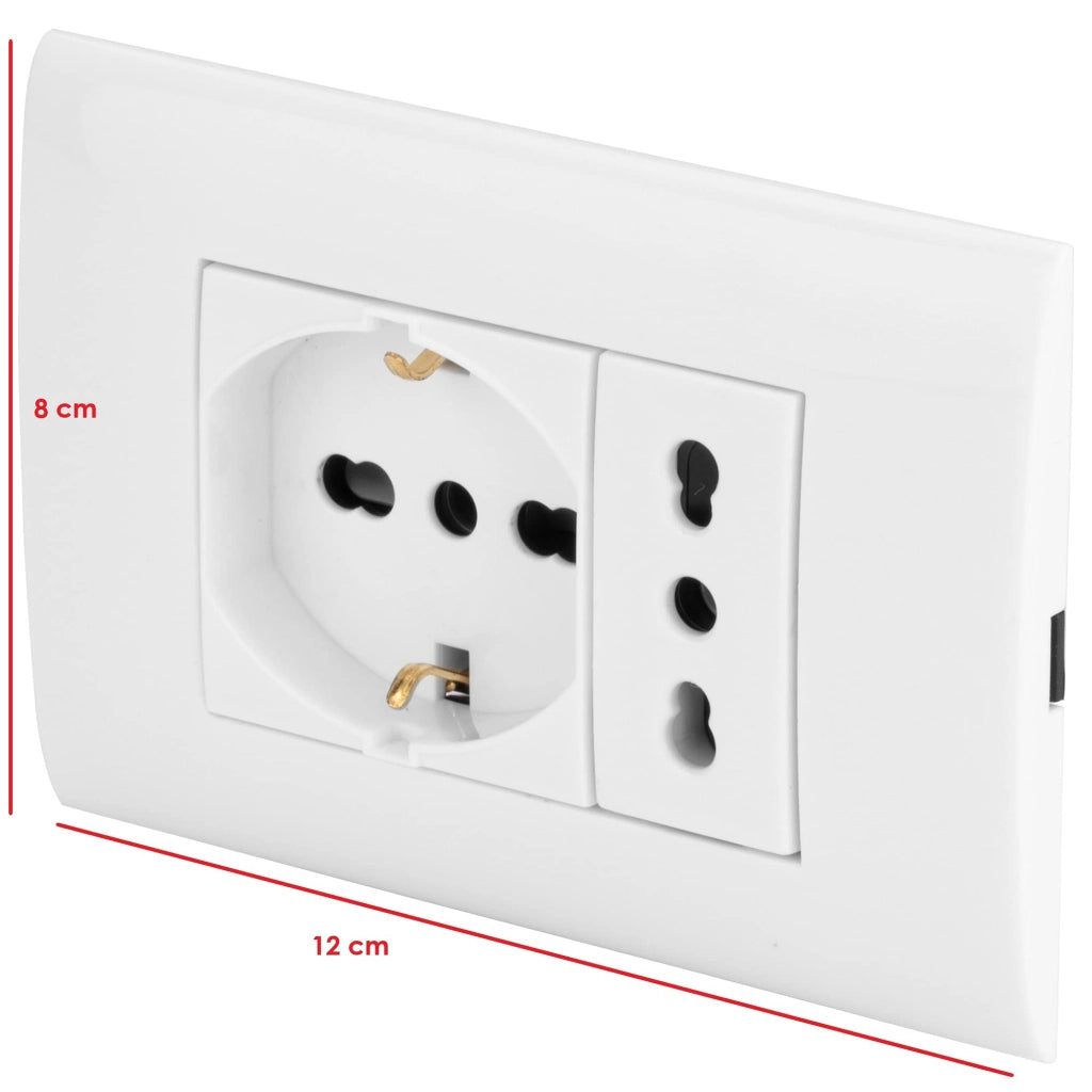 Presa elettrica da muro PolyPool PP6094X Placca incasso bianca Bipasso e Schuko Scatola 3 Moduli con Frutto Presa Bivalente e Frutto Presa Pluristandard