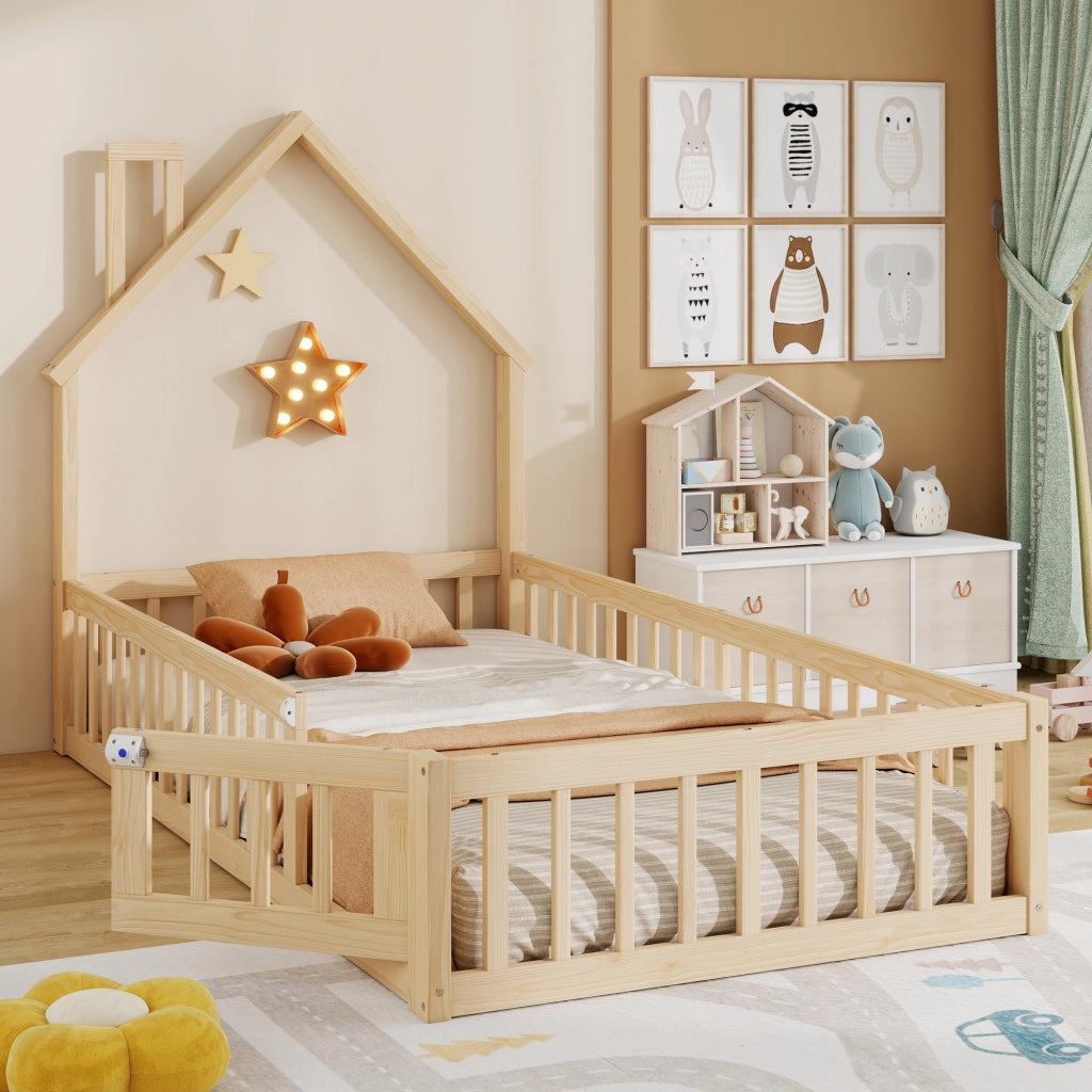 DESMIU Letto per bambini 1 posto con barriera di sicurezza e design a camino, 90 × 200 cm, senza materasso