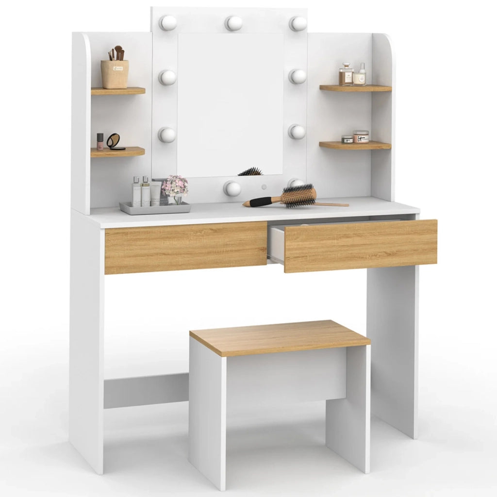 IDMarket - Tocador ZELIA blanco y haya con 4 estantes, espejo LED y taburete