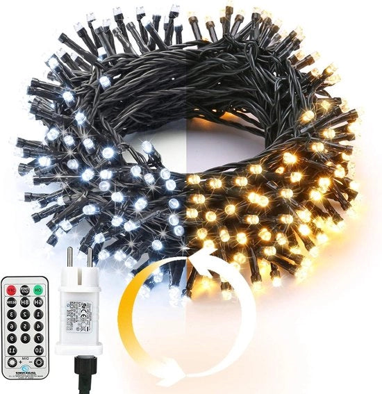 Illuminazione esterna per Natale - 25 m - 200 led - bianco caldo - bianco - regolabile - 11 modalità - 3 timer - telecomando - albero - interno - matrimonio - festa - decorazione esterna