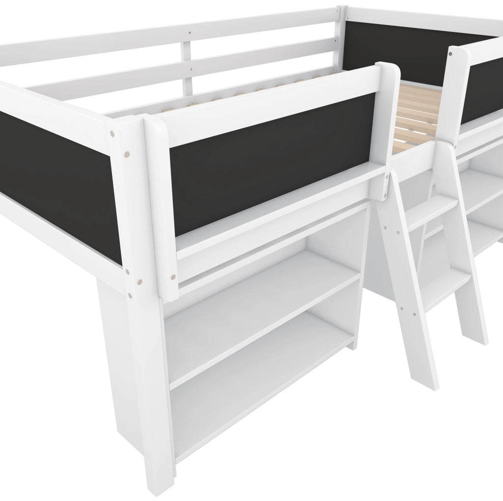 Letto semialto 90x200 cm con mensole, sponda di sicurezza e scala, bianco