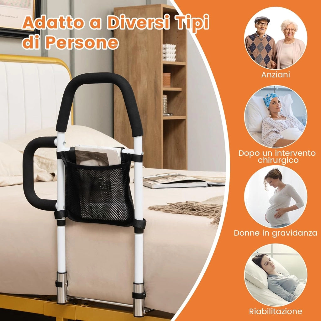 Sponda Letto Anziani Sicurezza Anticaduta, Doppia Impugnatura, Tasca Staccabile, Cinghia Fissaggio, Portata 136 kg, Facile Installazione, per Letti King/Queen (Modello 2)