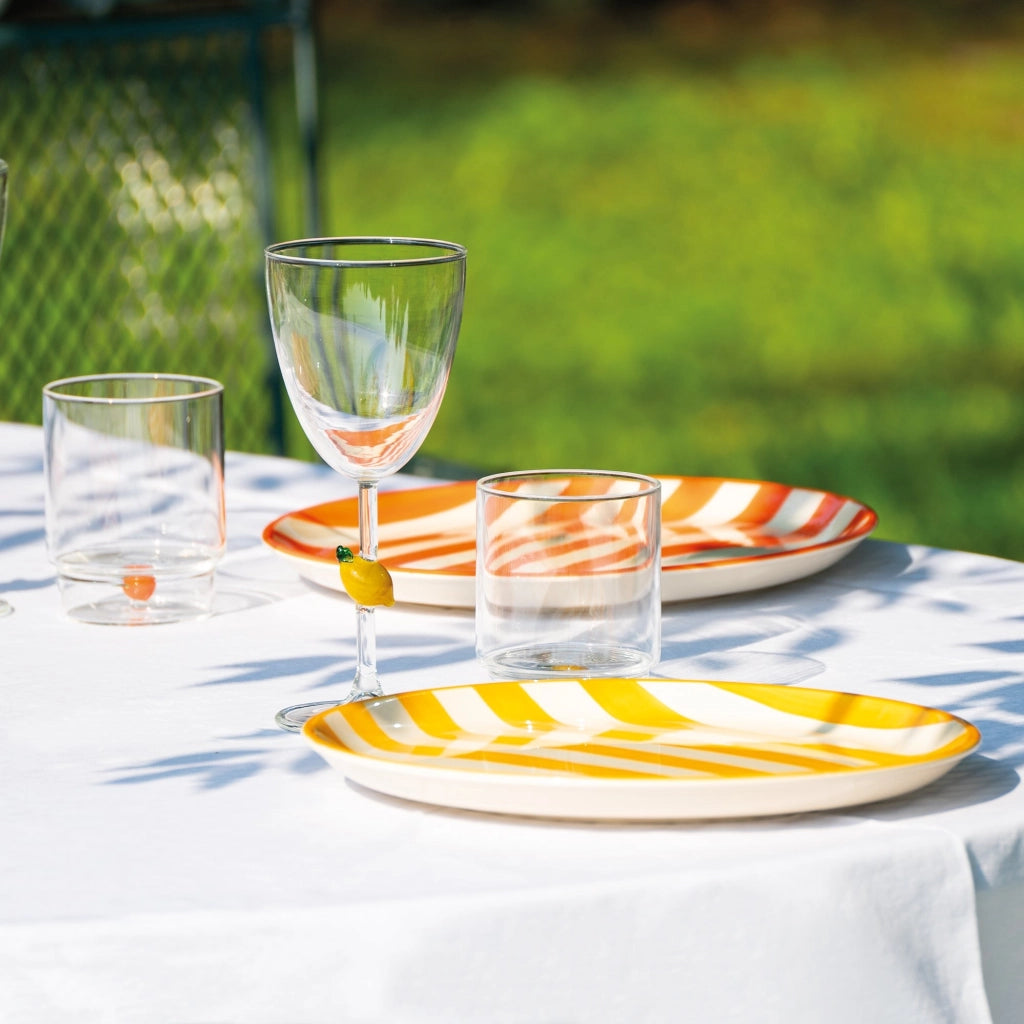 Zafferano Calice Teca Frutta in vetro borosilicato fatto a mano con decoro limone inserito nel gambo, design raffinato per una tavola vivace e unica
