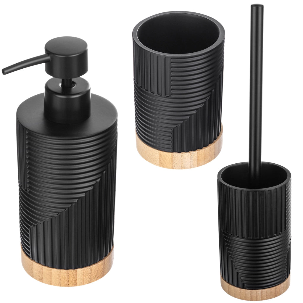 Set da bagno KADAX: scopino da bagno, dispenser per WC, bicchiere, legno nero, 3 in 1