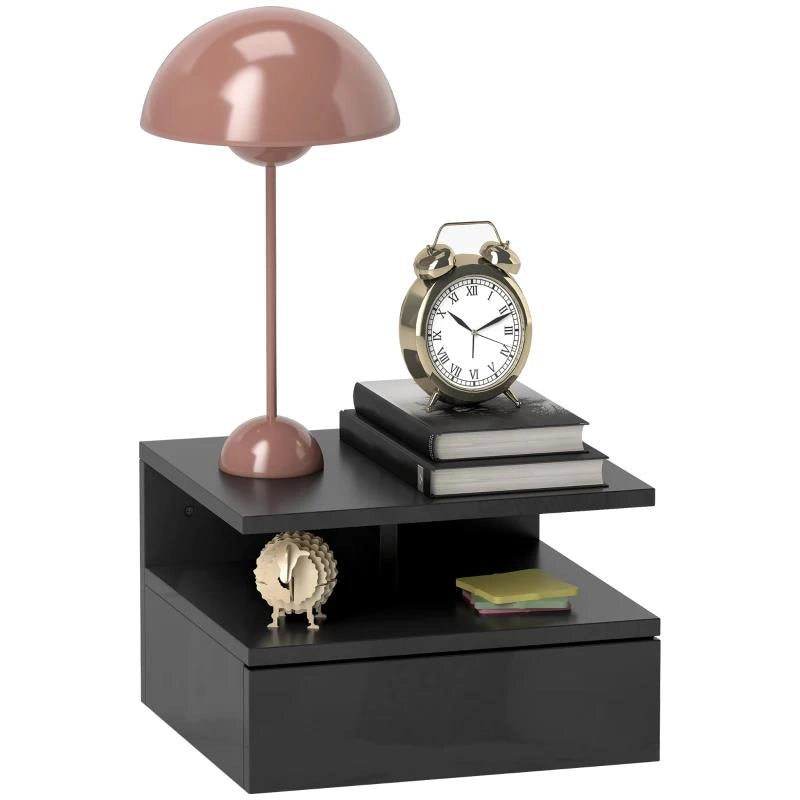COMODINO SOSPESO PER CAMERA DA LETTO CON CASSETTO E RIPIANO APERTO IN LEGNO, 35X32X22.5 CM, NERO LUCIDO