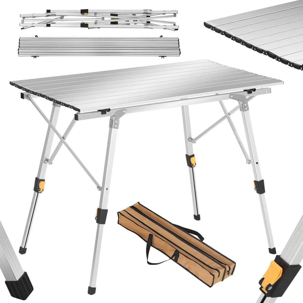 Tavolo da Campeggio Pieghevole Portatile in Alluminio per Picnic Giardino Altezza Regolabile 120x68,5x59/78,5 cm Argento