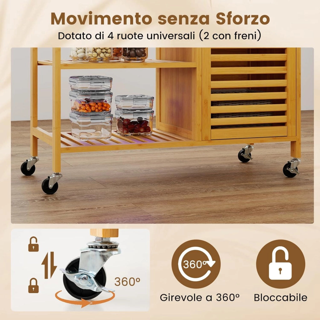 Carrello da Cucina in Bambù, Mobile Cucina con Ruote Cassetto, 3 Ripiani Aperti, Armadietto, Portasalviette, Carrello da Portata per Sala da Pranzo, 91 x 44 x 89 cm