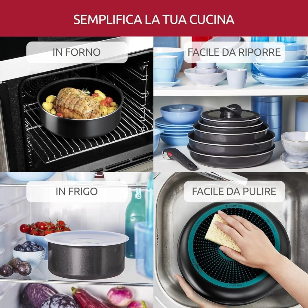 Lagostina Ingenio Essential Plus Set di Pentole, Alluminio per Gas e Forno (no induzione), 17 Pezzi, 2 Casseruole Fonde, 2 Padelle, Tegame, Wok, 5 Coperchi, 5 Proteggi Padella e Manico Removibile