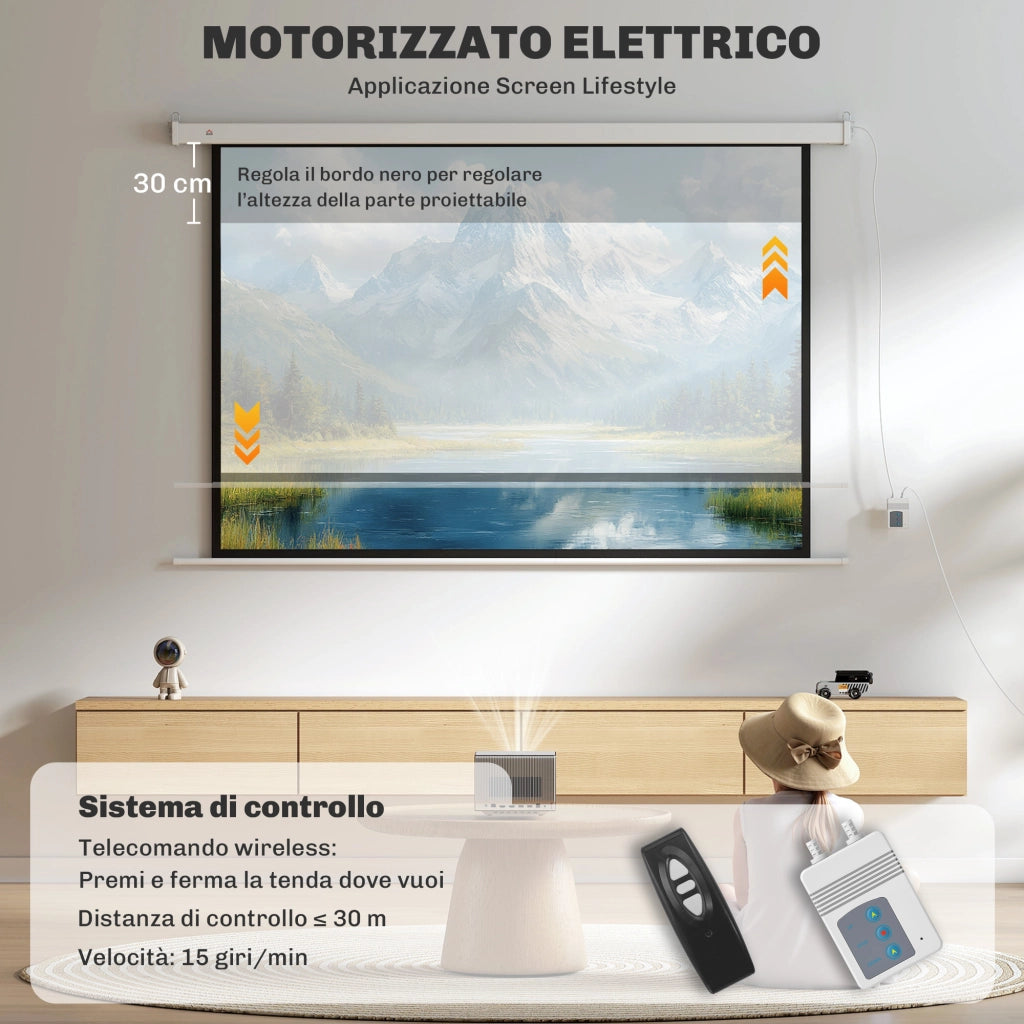Telo per Proiettore 84 Pollici con Telecomando, in PVC e Metallo, 212x8x150 cm, Bianco