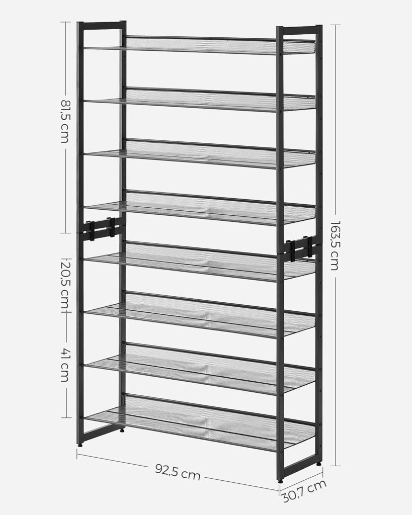 SONGMICS Scaffale Portascarpe a 8 Ripiani, Set di 2 Scarpiere Impilabile a 4 Livelli, Organizzatore per Scarpe con Ripiani a Rete in Metallo, Regolabili in Piano o ad Angolo, Nero LMR08B