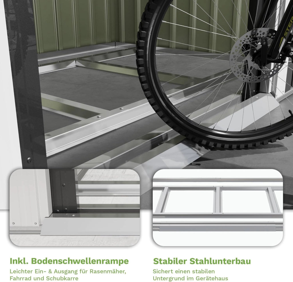 Capanno per attrezzi in metallo, 183 x 109 x 182 cm, con fondamenta, 3,6 m³ casa per attrezzi con lucernario e tetto spiovente, per esterni, resistente alle intemperie, capanno per biciclette