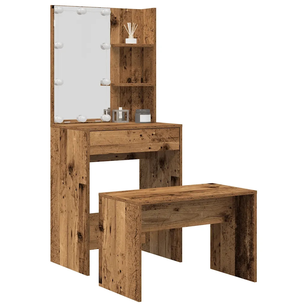 Set Tavolo da Toeletta | Tavolo da Trucco con LED Legno Antico Legno Multistrato