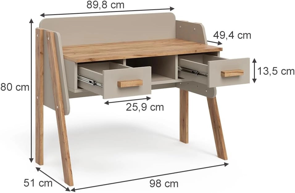 Scrivania Malia, Cashmere/Artigianale, 97 x 51 cm con 2 cassetti, regolabile in altezza per una configurazione flessibile della postazione di lavoro