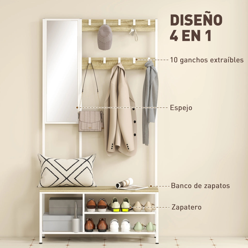 Appendiabiti con specchio e ripiani ¨C zephmum ¨C 98x34x186 cm colore naturale