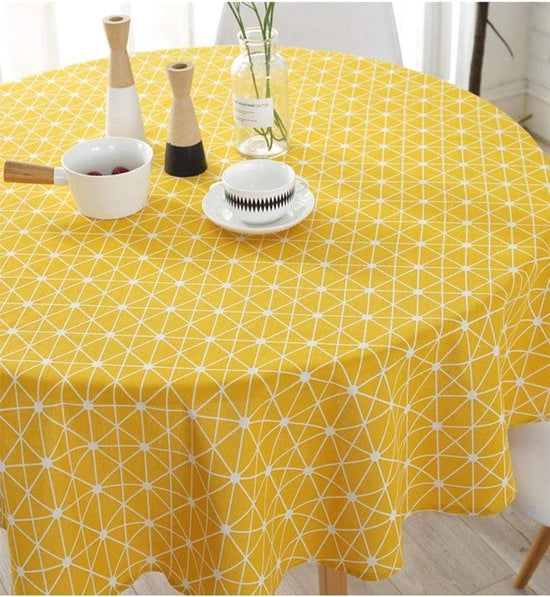 Tavolo in stile bohemiano giallo, tovaglia da tavolo a rilievo scandinavo, tessuto resistente alla pelle, disegno a quadri, tovaglia da tavolo rurale, adatta per cucina, ristorante, feste, picnic all'aperto (rondo, 120 cm).