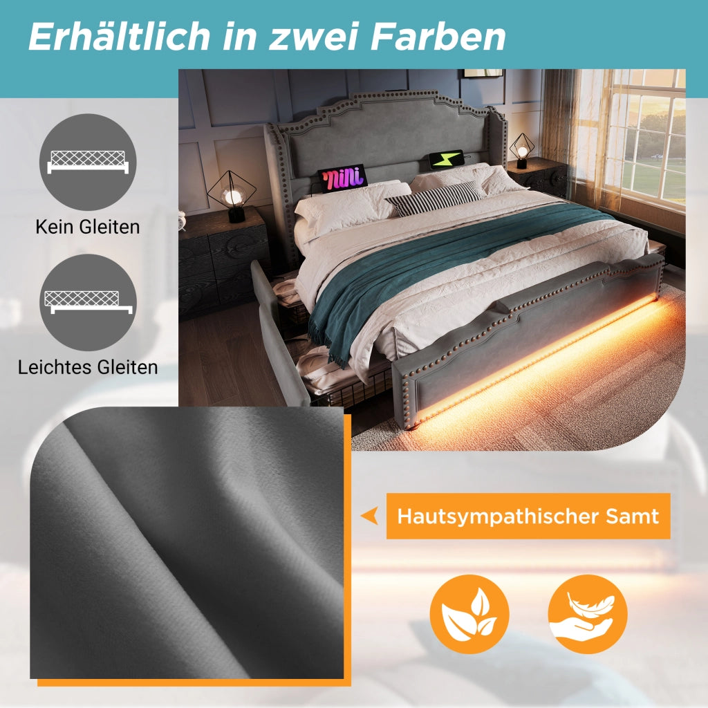 Letto matrimoniale in velluto grigio 180x200 4 cassetti LED USB-C doghe