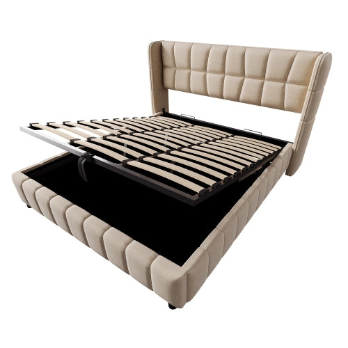 Letto matrimoniale in lino beige 180x200 con doghe pneumatico e testiera