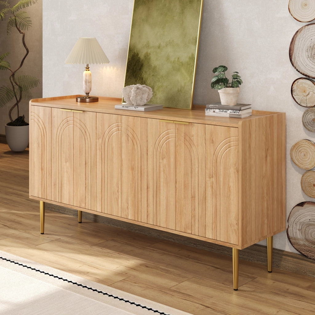 Credenza con 4 Ante e Ripiani Regolabili; Gambe in Metallo Dorato; Stile Moderno; in MDF; Naturale; 140??38??75 cm
