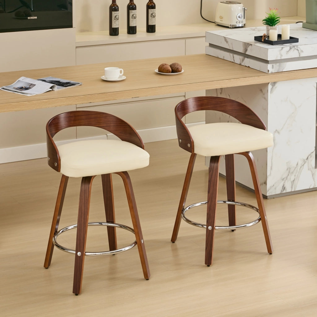 Set di 2 Sgabelli da Bar Girevoli con Schienale Basso e Seduta Imbottita; Stile Vintage; Pelle sintetica e Legno; Beige