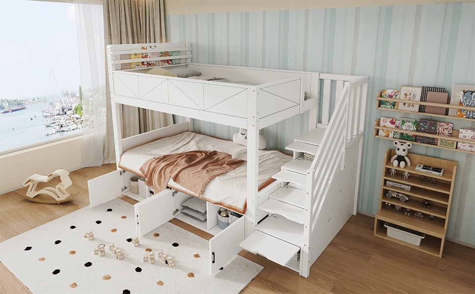 Letto a castello 90 × 200 cm con scala contenitore, armadi sotto letto, sponde alte, senza materasso, bianco