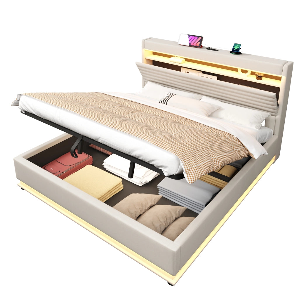 Letti contenitori 180x200 cm; contenitore idraulico con LED e USB; lino beige (Senza materasso)
