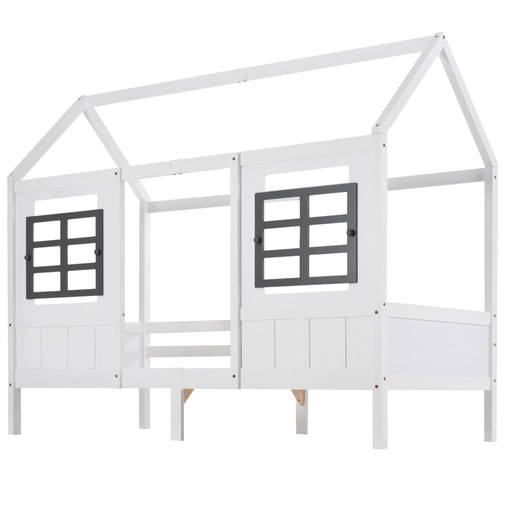 Letto a casetta con finestre e 2 cassetti 207x97x174 cm; struttura robusta in legno; bianco
