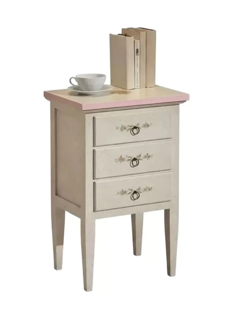 Comodino 3 cassetti bianco filo rosa in legno 43x33x70 (1318) - Mobili 2G