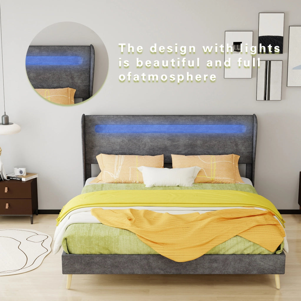 Letto basso con LED a colori regolabili 160x200 cm in tessuto e metallo grigio