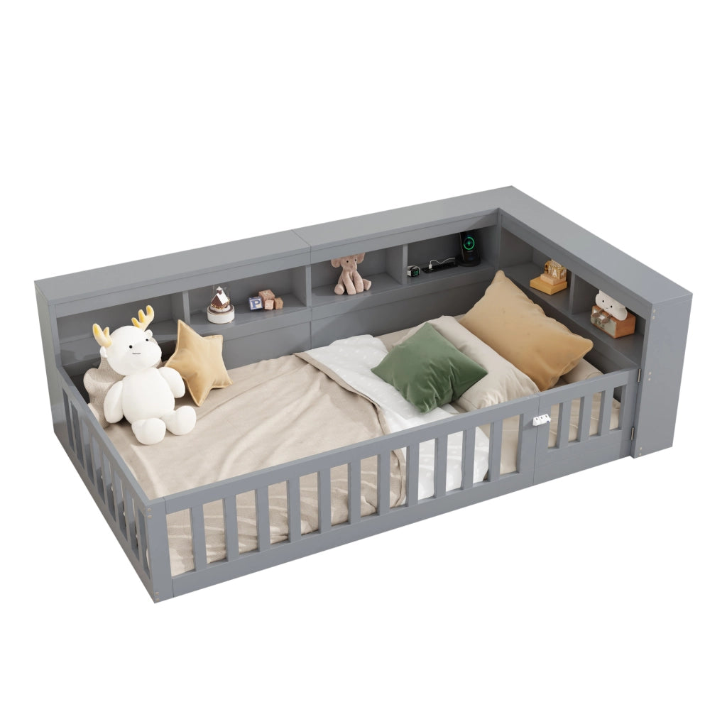 Letto singolo 90x200 cm con USB, presa e vano contenitore grigio