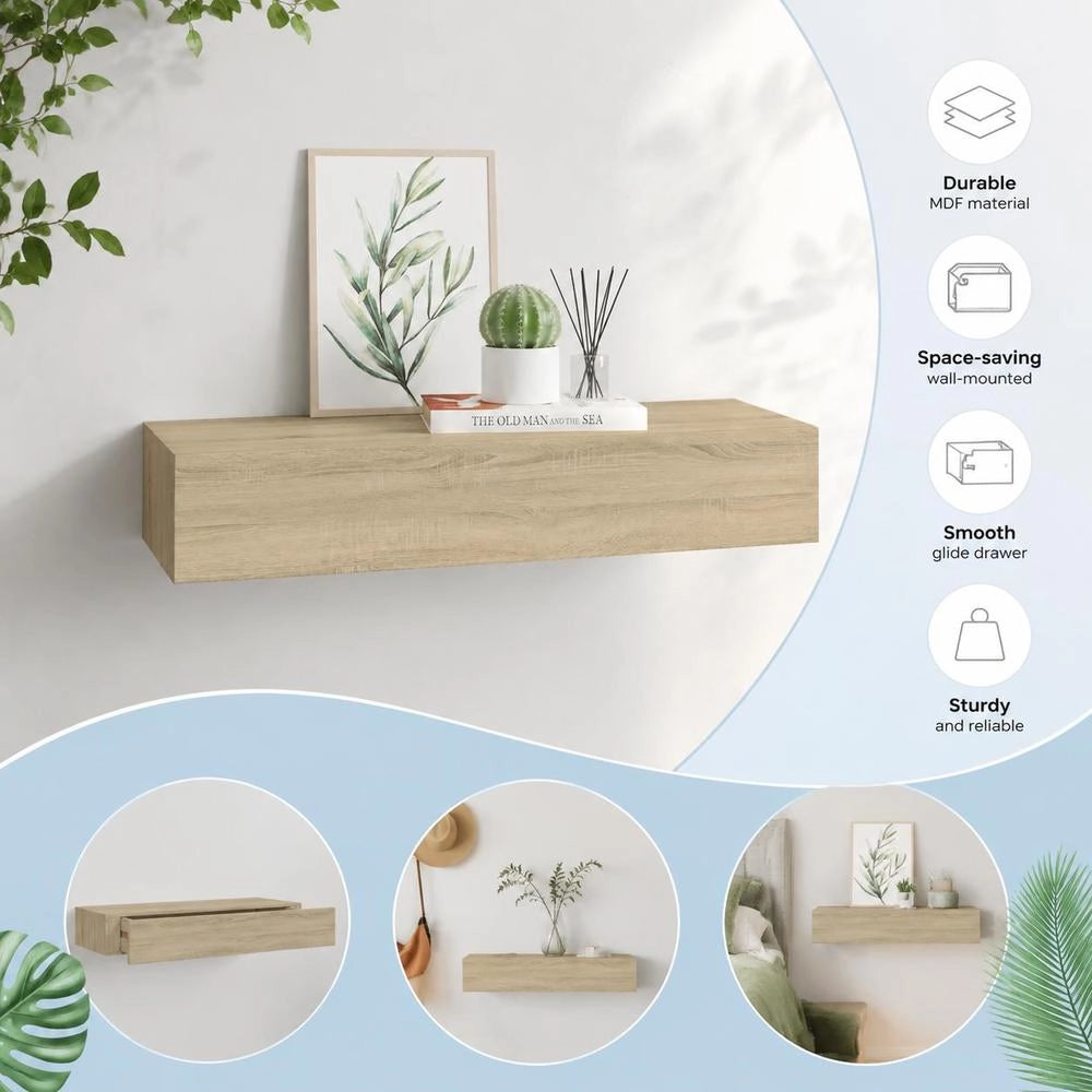 Wall Shelf With Drawer, Oak Look, 60x23.5x10 Cm, MDF
