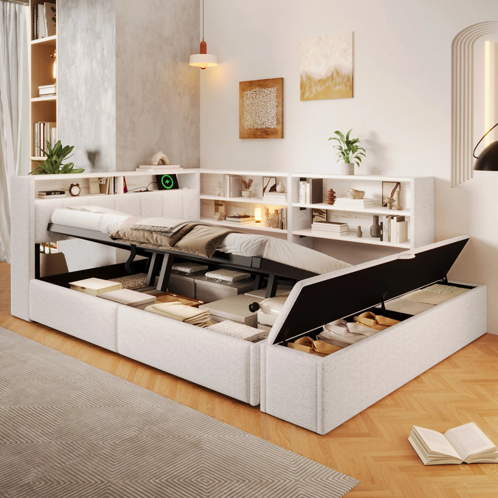 Letto contenitore 140x200 in velluto con sollevamento idraulico; luce RGB e prese USB