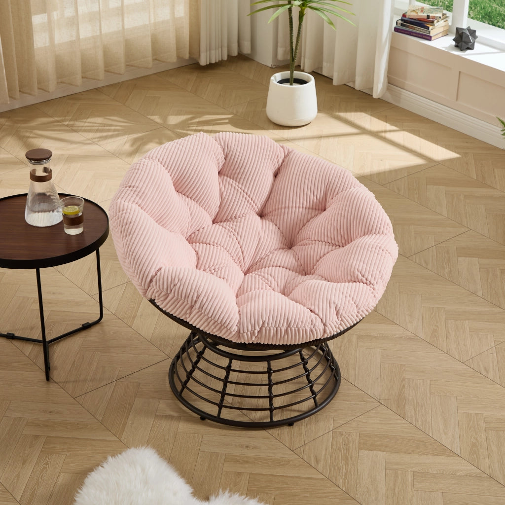 Poltrona girevole a 360° in acciaio e rattan sintetico rosa con cuscino imbottito per soggiorno e camera