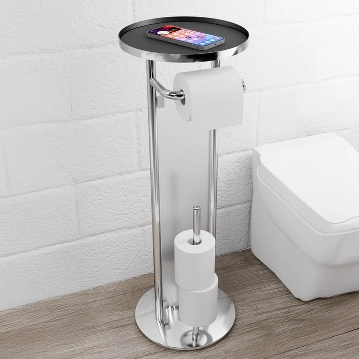 Piantana porta scopino con porta rotolo con vetro cromata e nera – Serie Cleo