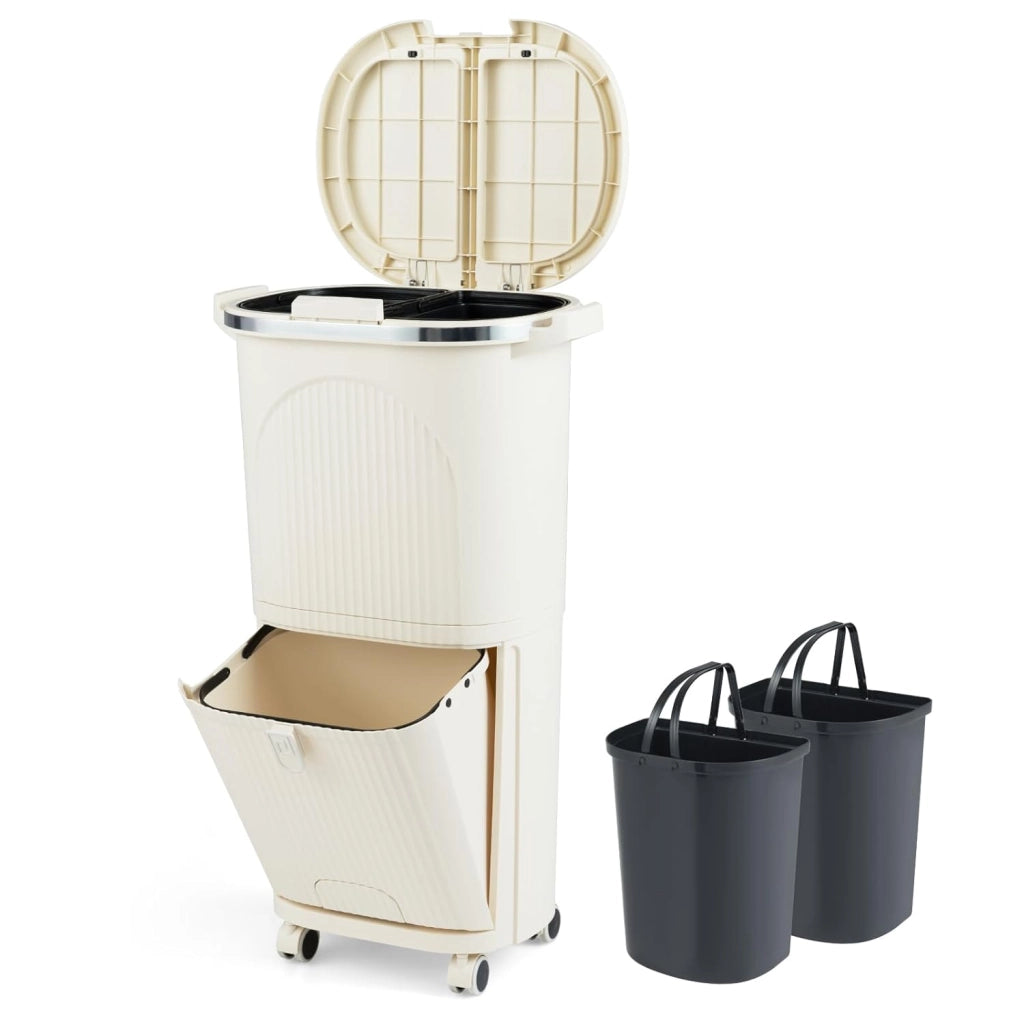 Bidone per Spazzatura Interno 38 L, Pattumiera da Cucina Differenziata a 3 Scomparti con Ruote e Maniglie, Secchio dei Rifiuti in PP on Coperchi a Pressione e Pedale (Beige)