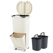 Bidone per Spazzatura Interno 38 L, Pattumiera da Cucina Differenziata a 3 Scomparti con Ruote e Maniglie, Secchio dei Rifiuti in PP on Coperchi a Pressione e Pedale (Beige)